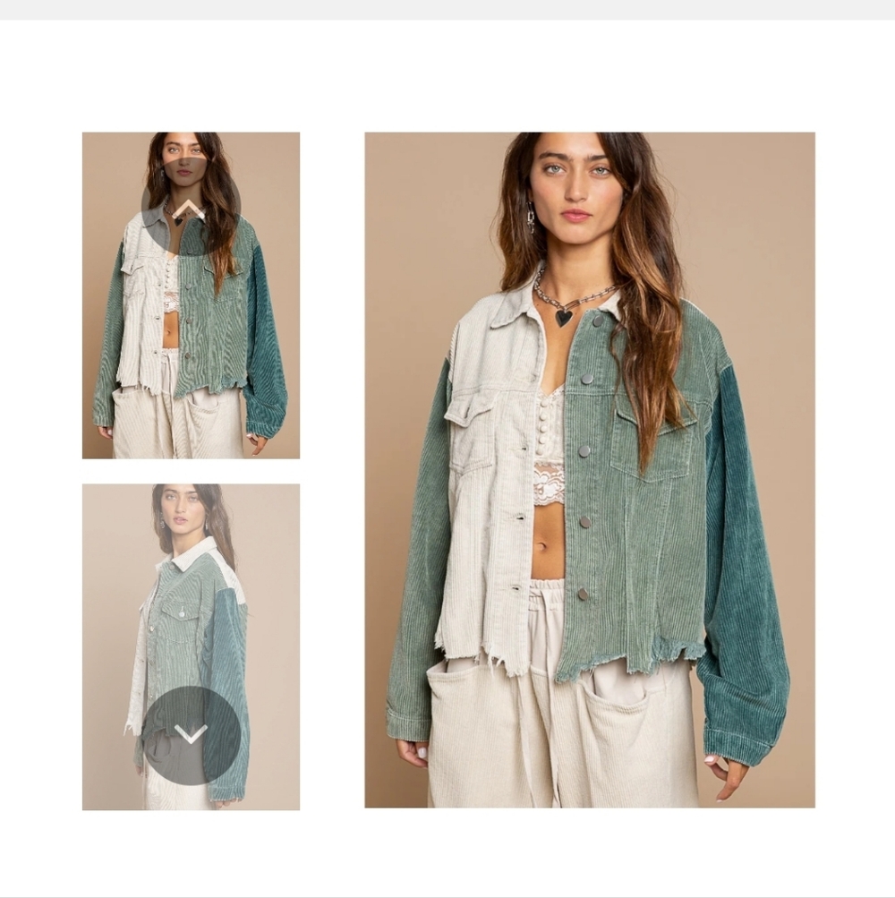 POL  Distressed Jacket Teal Green/Olive Green /Stone Oversized Colorblock Size L - Picture 2 of 12